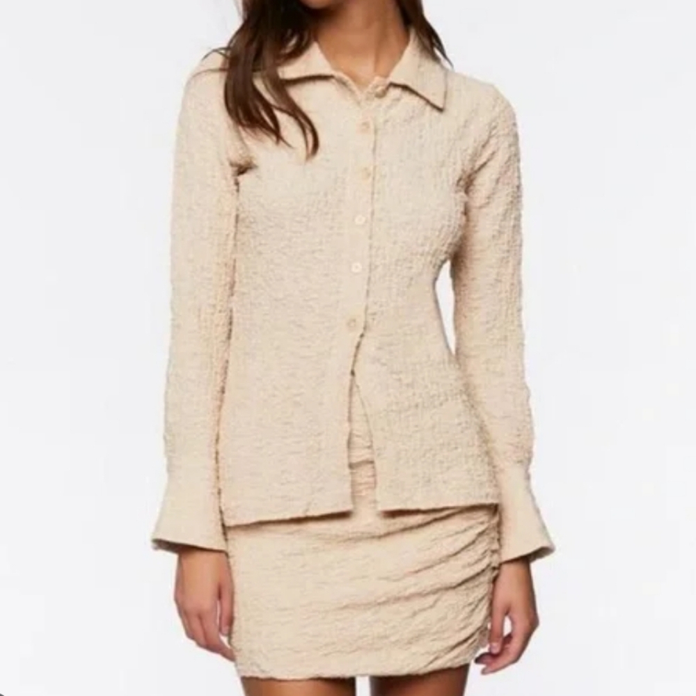 Forever 21 NWT Neutral Tan Textured Button Up Shirt and Skirt 2pc Set Size S